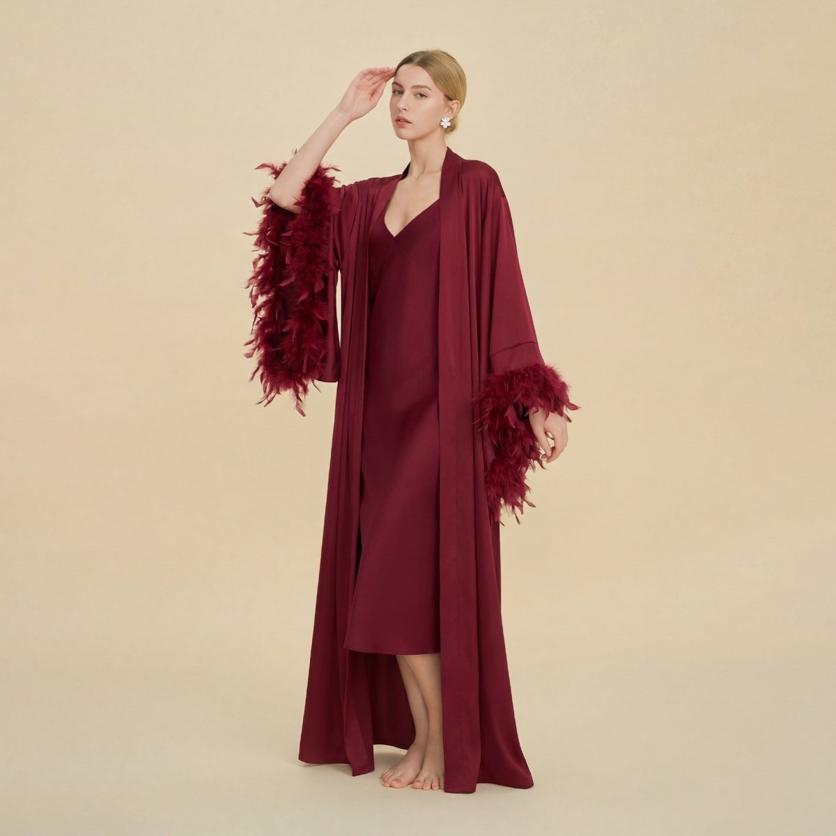 Feather - Trimmed Kimono Robe Abaya(MOA293) - Mariam's Collection