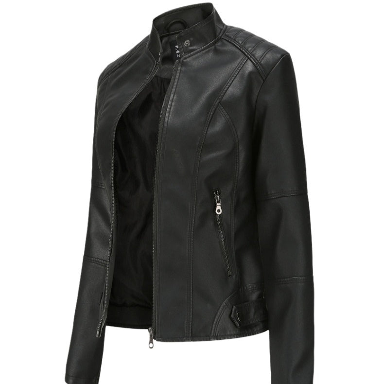 Fitted Moto Jacket | Stand Collar Faux Leather Biker Jacket(MS246) - Mariam's Collection