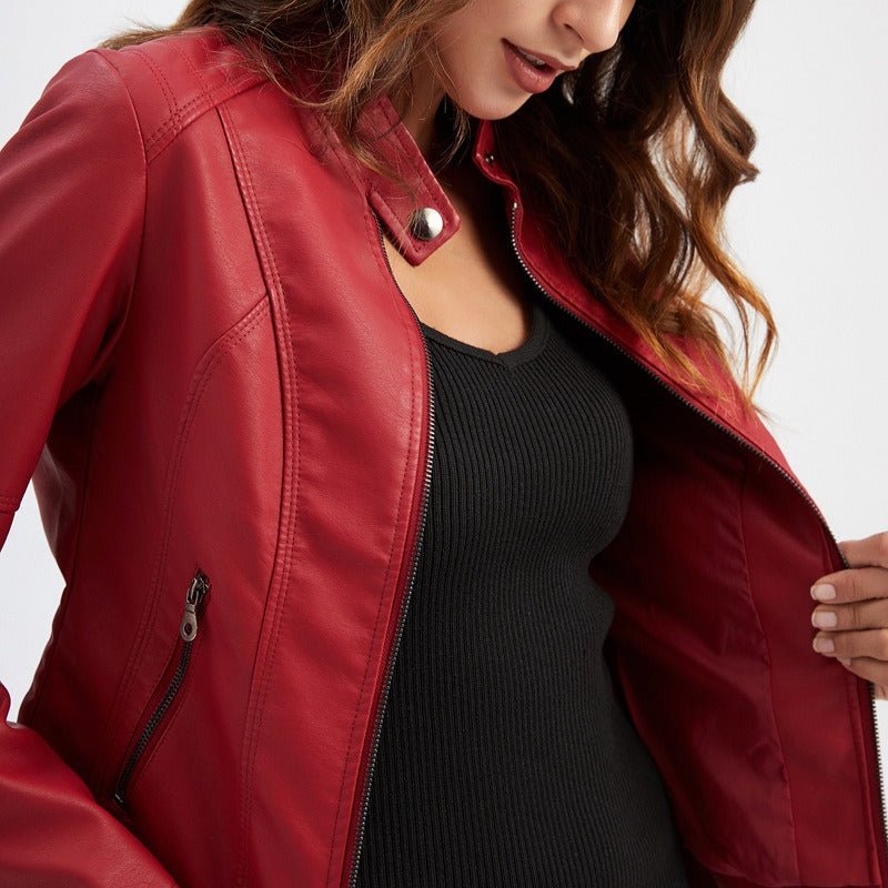 Fitted Moto Jacket | Stand Collar Faux Leather Biker Jacket(MS246) - Mariam's Collection