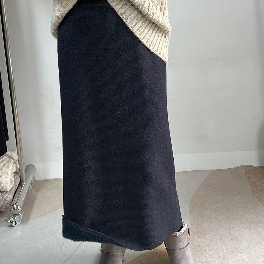 Fleece - Lined Knit Midi Skirt with Side Slit(MS207) - Mariam's Collection