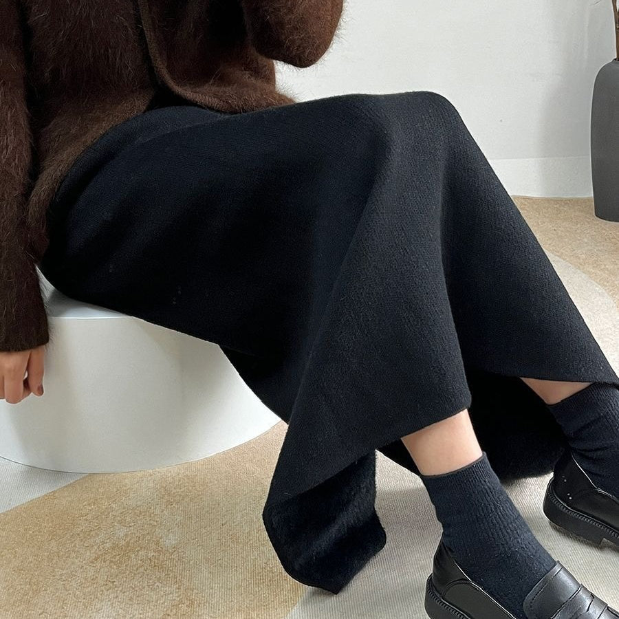 Fleece - Lined Knit Midi Skirt with Side Slit(MS207) - Mariam's Collection