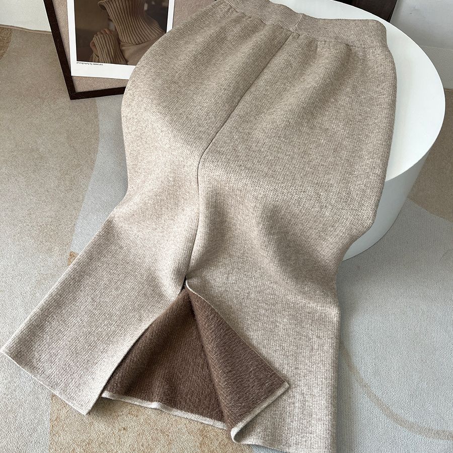 Fleece - Lined Knit Midi Skirt with Side Slit(MS207) - Mariam's Collection