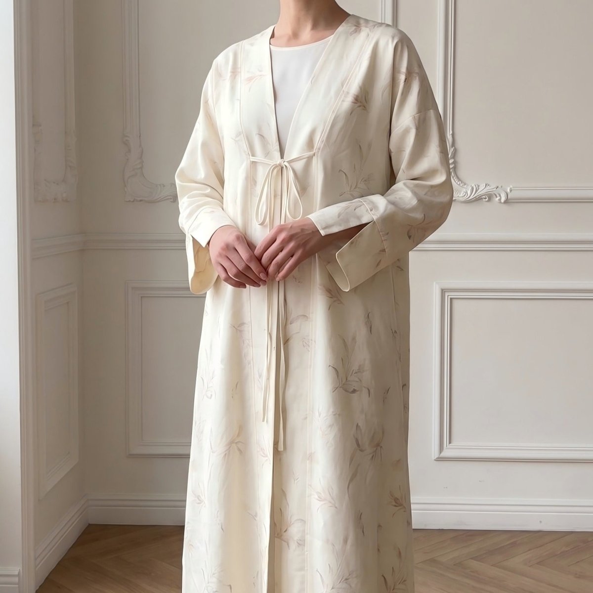 Floral Bird Print Satin Open Abaya(MOA322) - Mariam's Collection