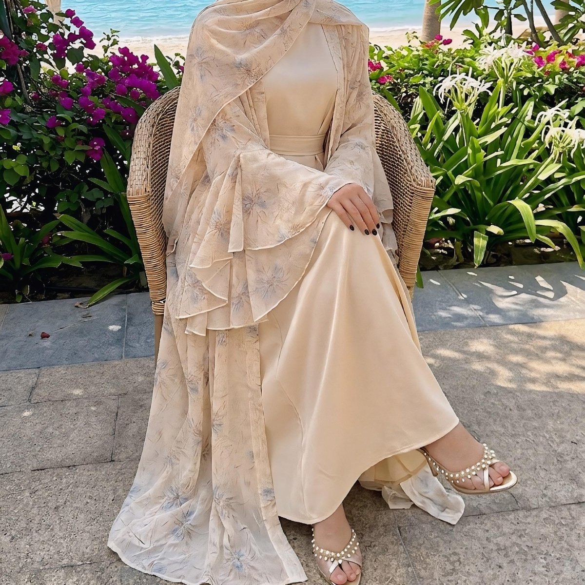 Floral Chiffon 3 - Piece Open Abaya Set(MOA301) - Mariam's Collection