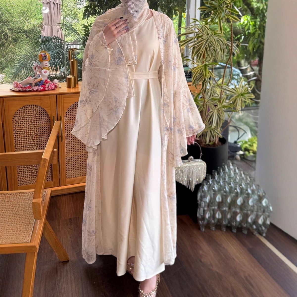 Floral Chiffon 3 - Piece Open Abaya Set(MOA301) - Mariam's Collection