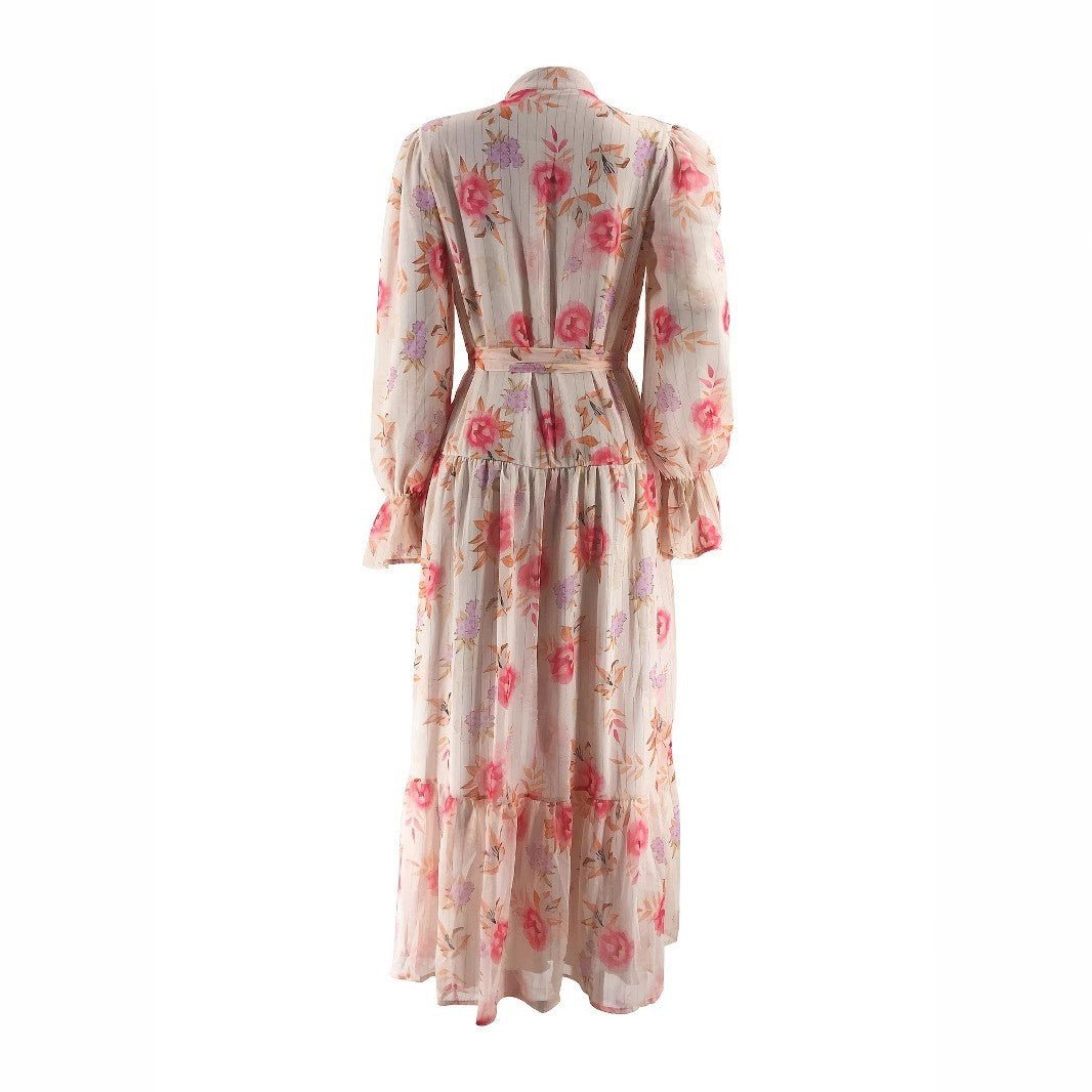 Floral Chiffon Dress with Bishop Sleeves & Tie Belt(MA404) - Mariam's Collection