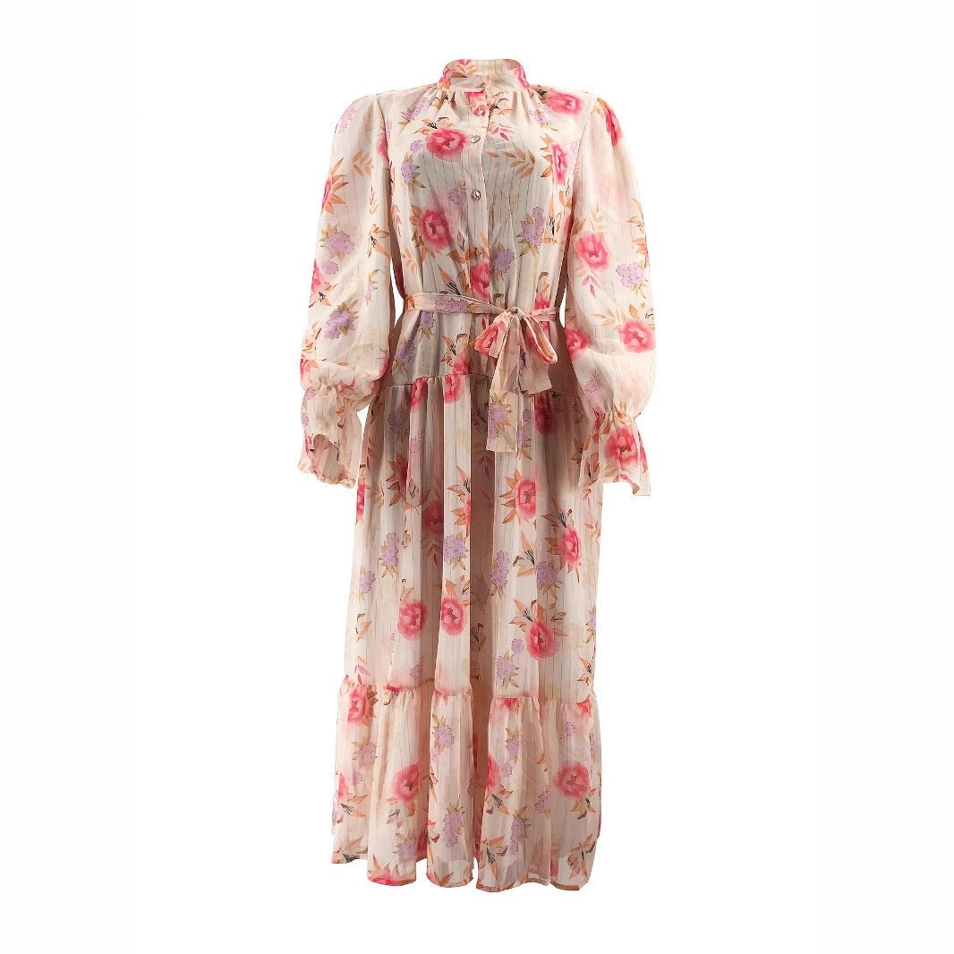 Floral Chiffon Dress with Bishop Sleeves & Tie Belt