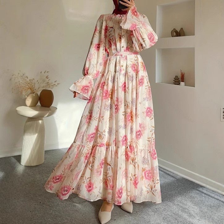 Floral Chiffon Dress with Bishop Sleeves & Tie Belt(MA404) - Mariam's Collection