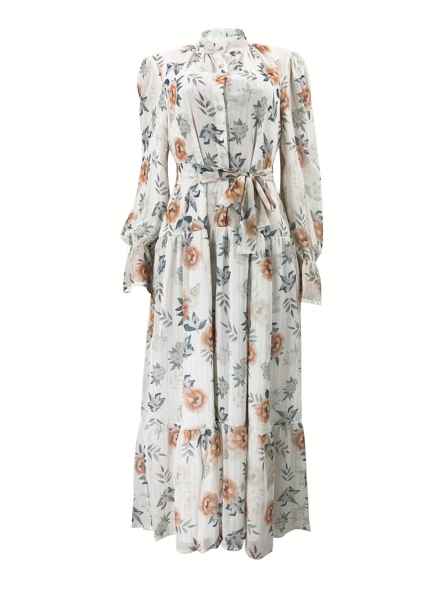 Floral Chiffon Dress with Bishop Sleeves & Tie Belt(MA404) - Mariam's Collection