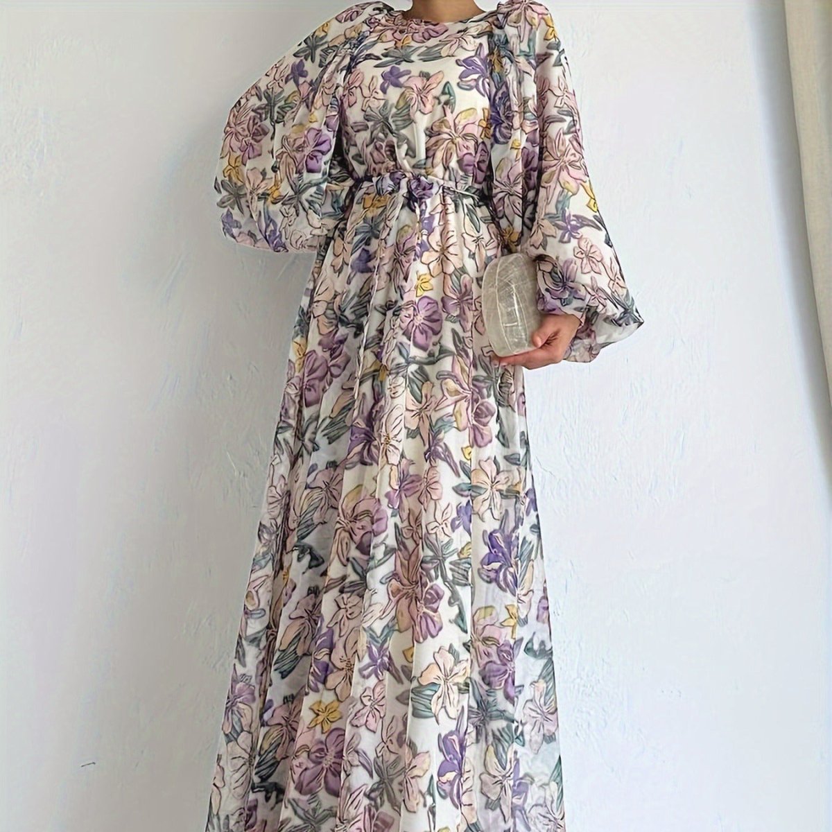 Floral Chiffon Dress with Puff Sleeves(MA403) - Mariam's Collection