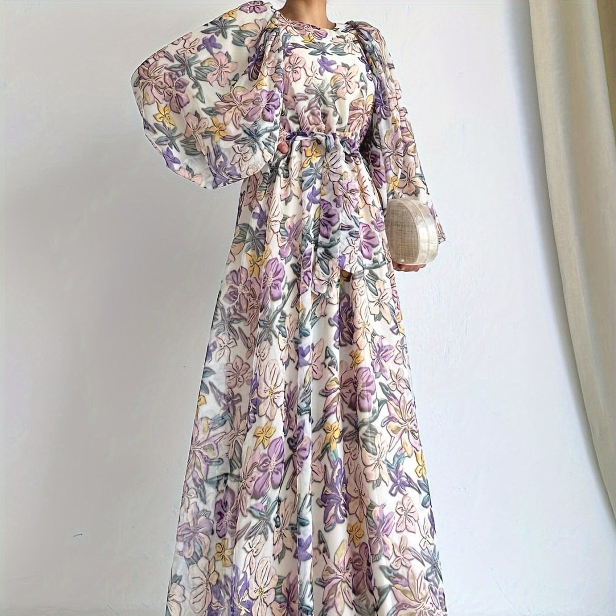 Floral Chiffon Dress with Puff Sleeves(MA403) - Mariam's Collection