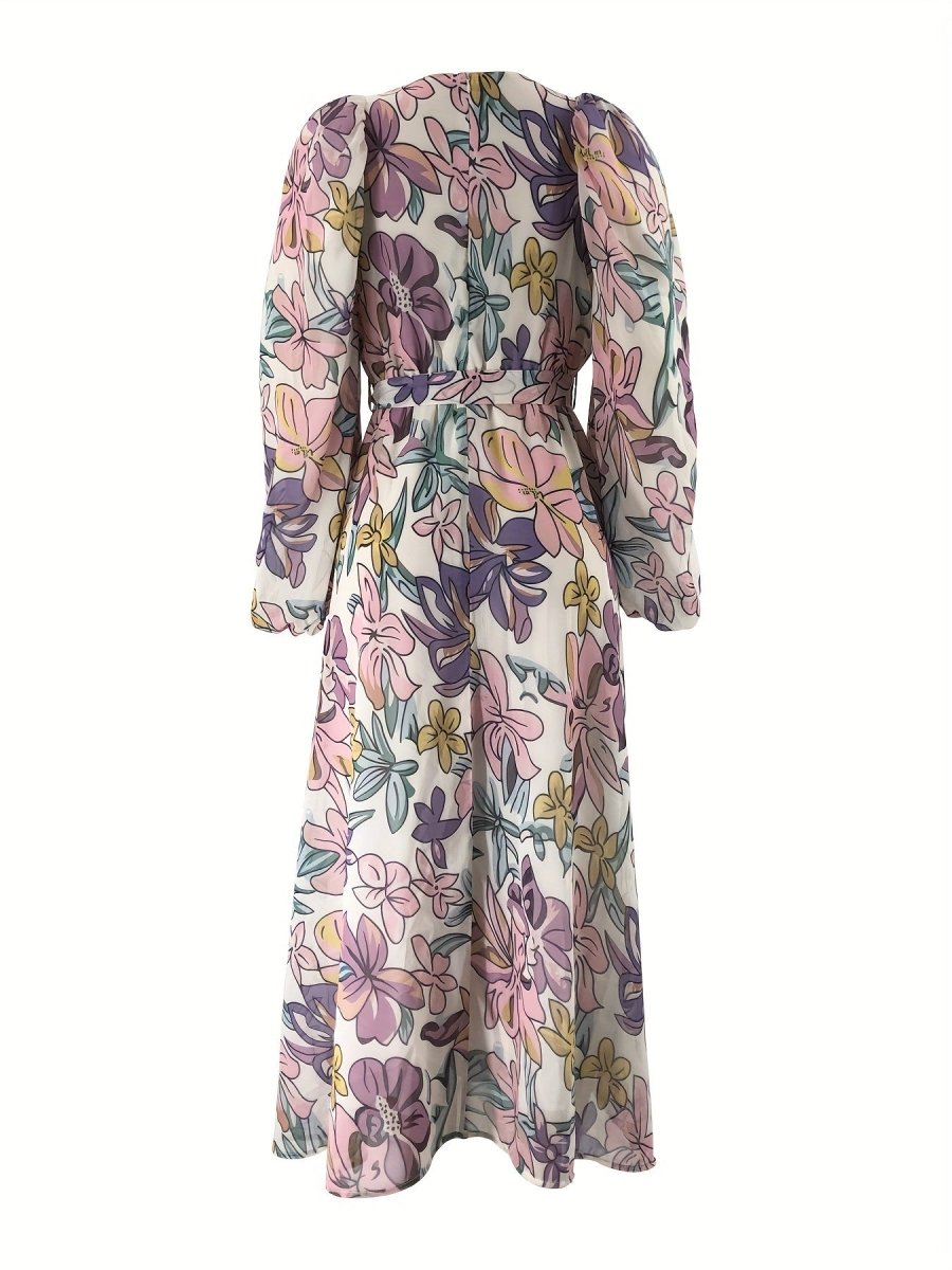 Floral Chiffon Dress with Puff Sleeves(MA403) - Mariam's Collection