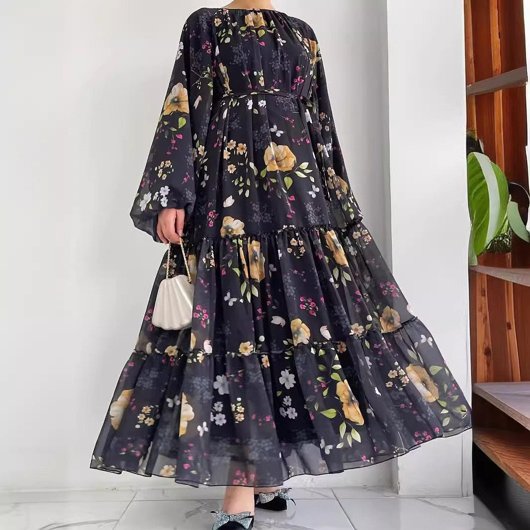 Floral Chiffon Dress with Tiered Ruffle Skirt(MA401) - Mariam's Collection