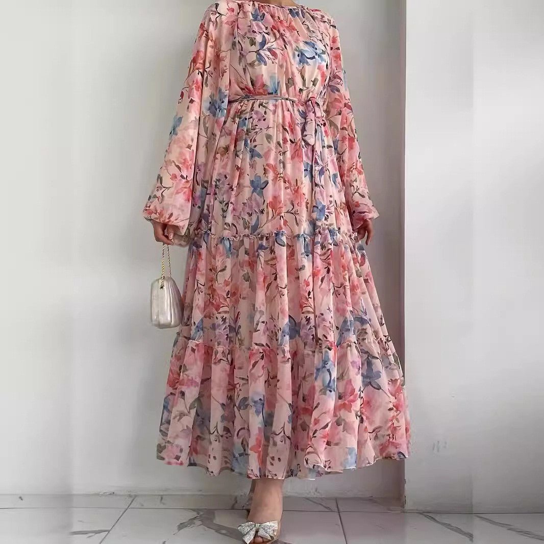 Floral Chiffon Dress with Tiered Ruffle Skirt(MA401) - Mariam's Collection