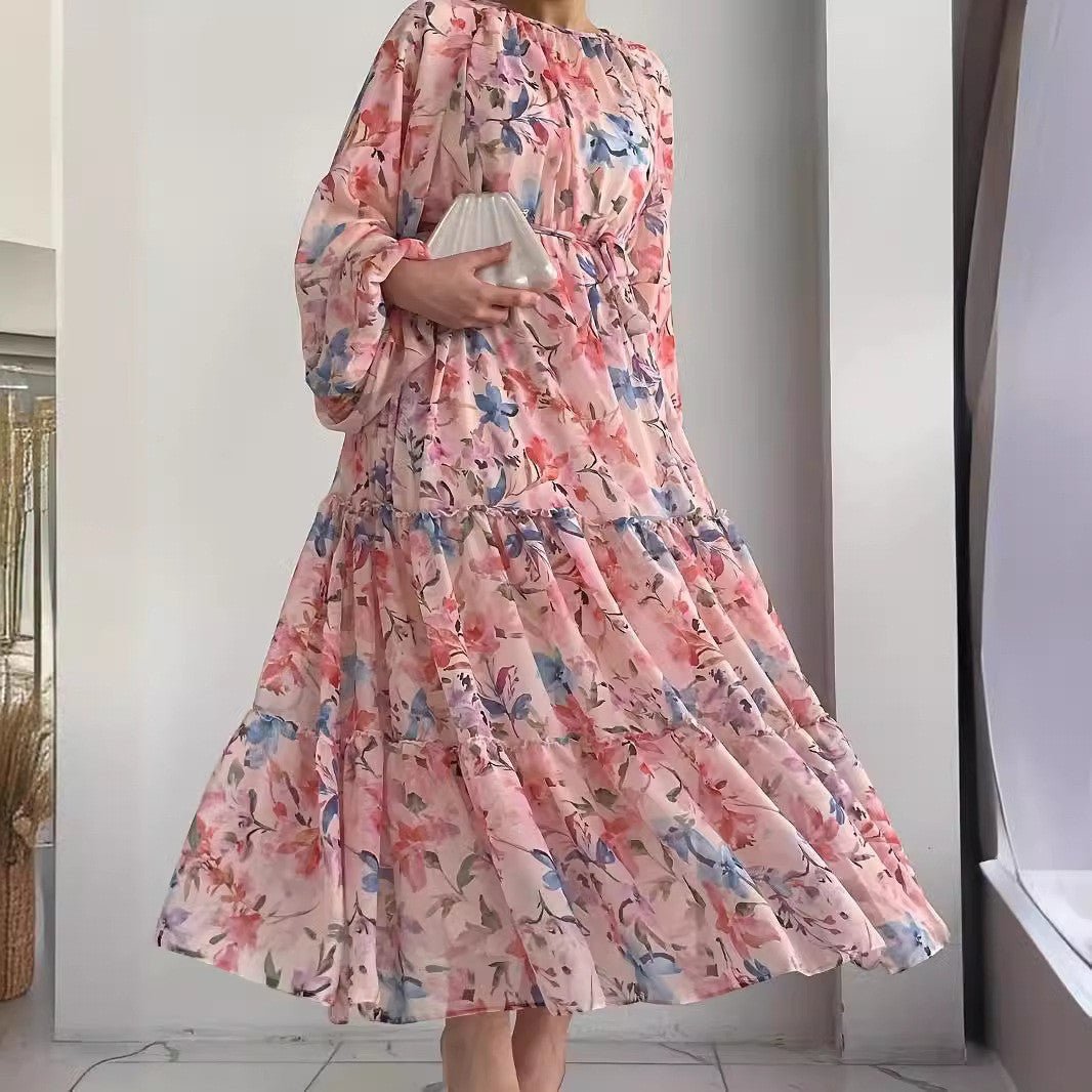 Floral Chiffon Dress with Tiered Ruffle Skirt(MA401) - Mariam's Collection