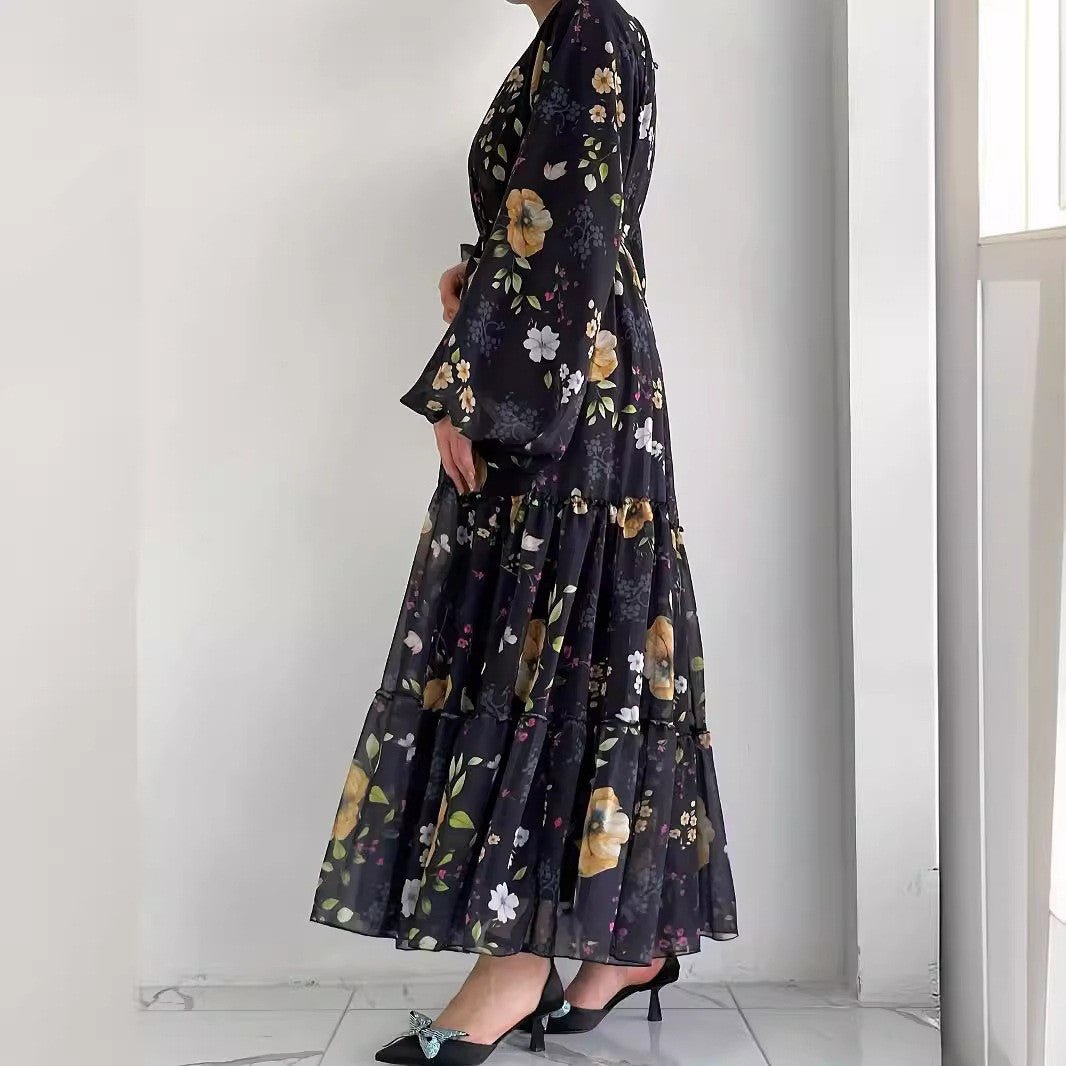 Floral Chiffon Dress with Tiered Ruffle Skirt(MA401) - Mariam's Collection