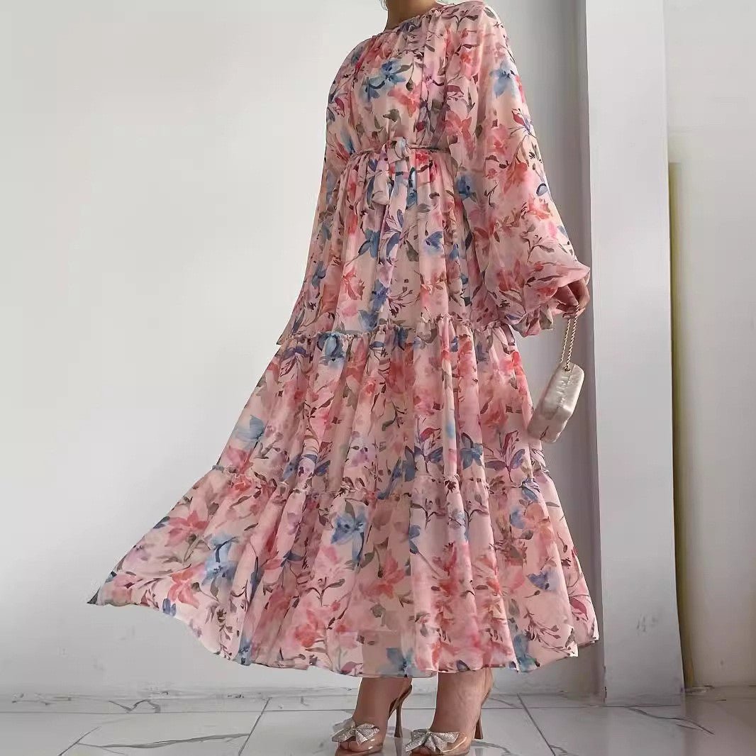 Floral Chiffon Dress with Tiered Ruffle Skirt(MA401) - Mariam's Collection
