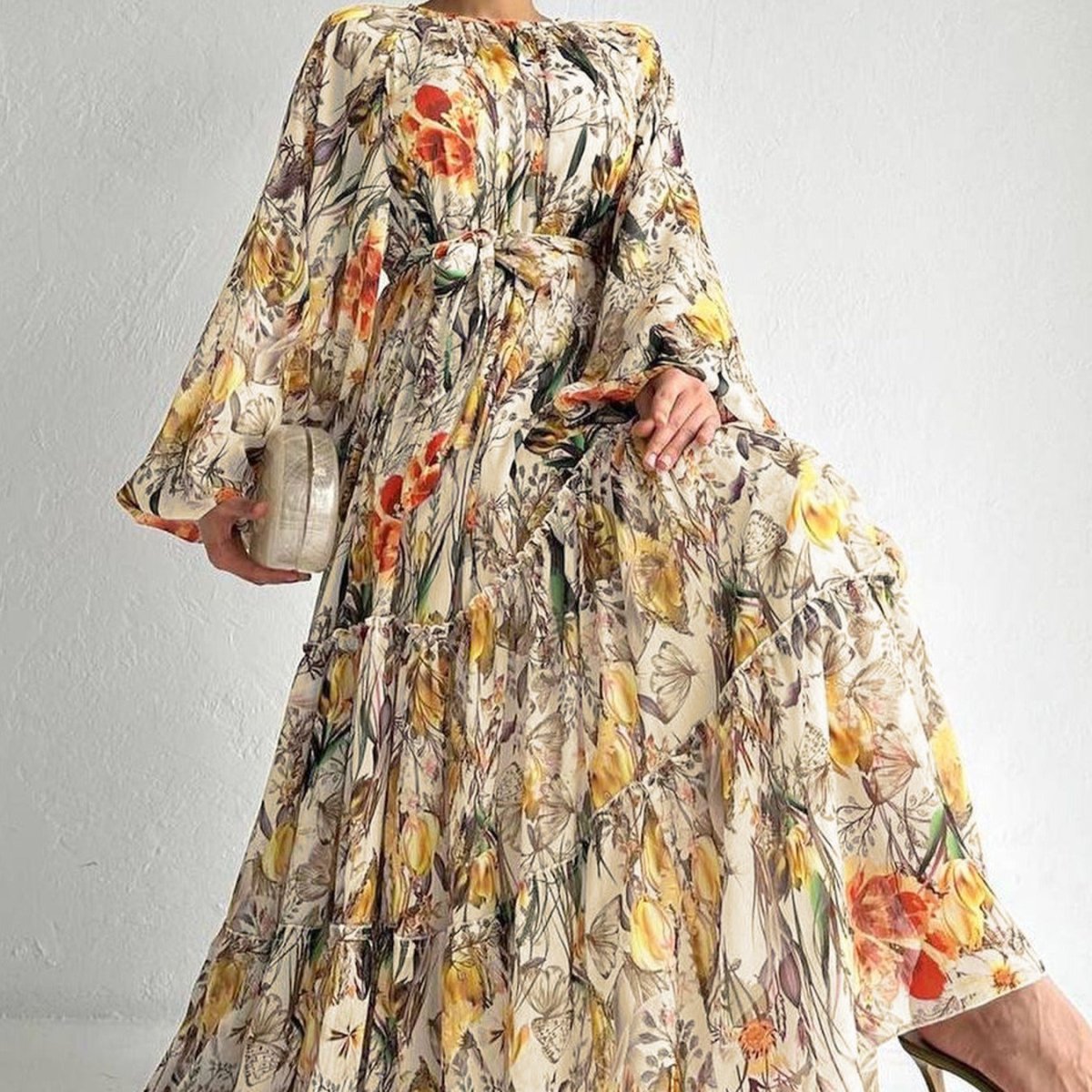floral chiffon dress designs Floral Chiffon Dress(MA407), Watermelon red / XL