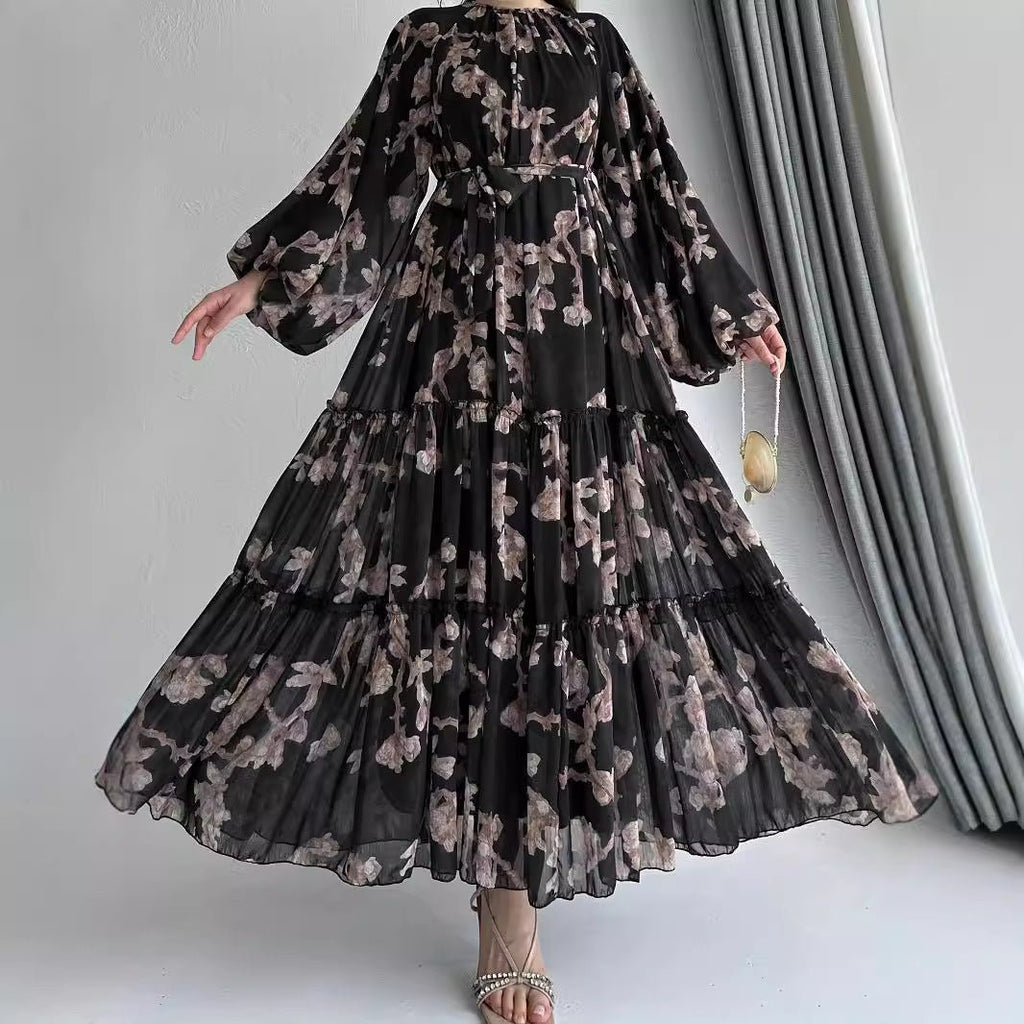 long sleeve floral chiffon dress Floral Chiffon Dress(MA409)