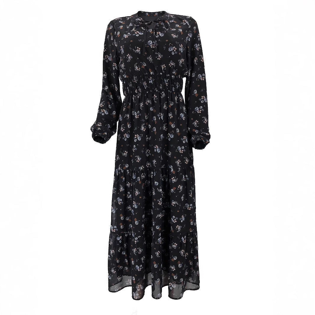 Floral Chiffon Maxi Dress | Long Sleeve Smocked Waist Dress(MS269) - Mariam's Collection