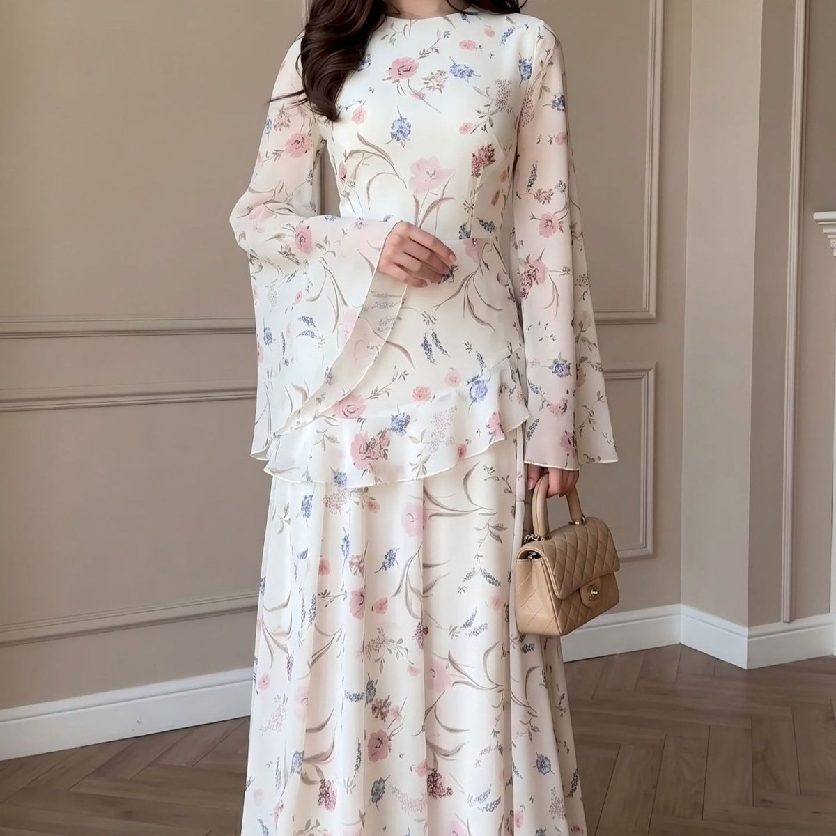 Floral Chiffon Maxi Dress(MS432) - Mariam's Collection