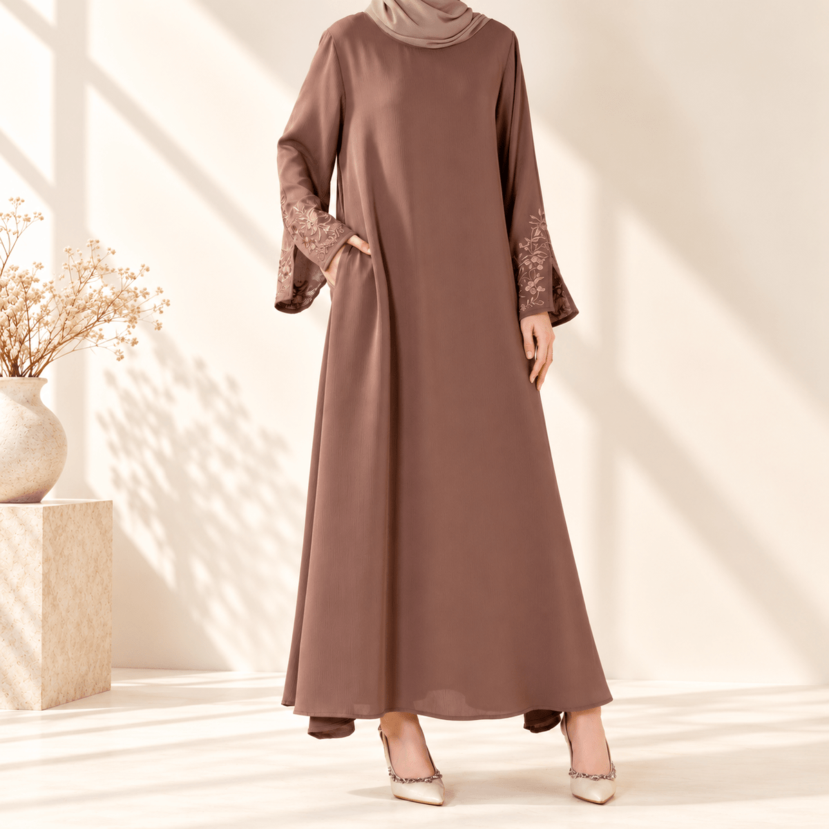 Floral Embroidered Cuff Abaya | Umbrella-Cut Zoom Maxi Dress(MA342) - Mariam's Collection