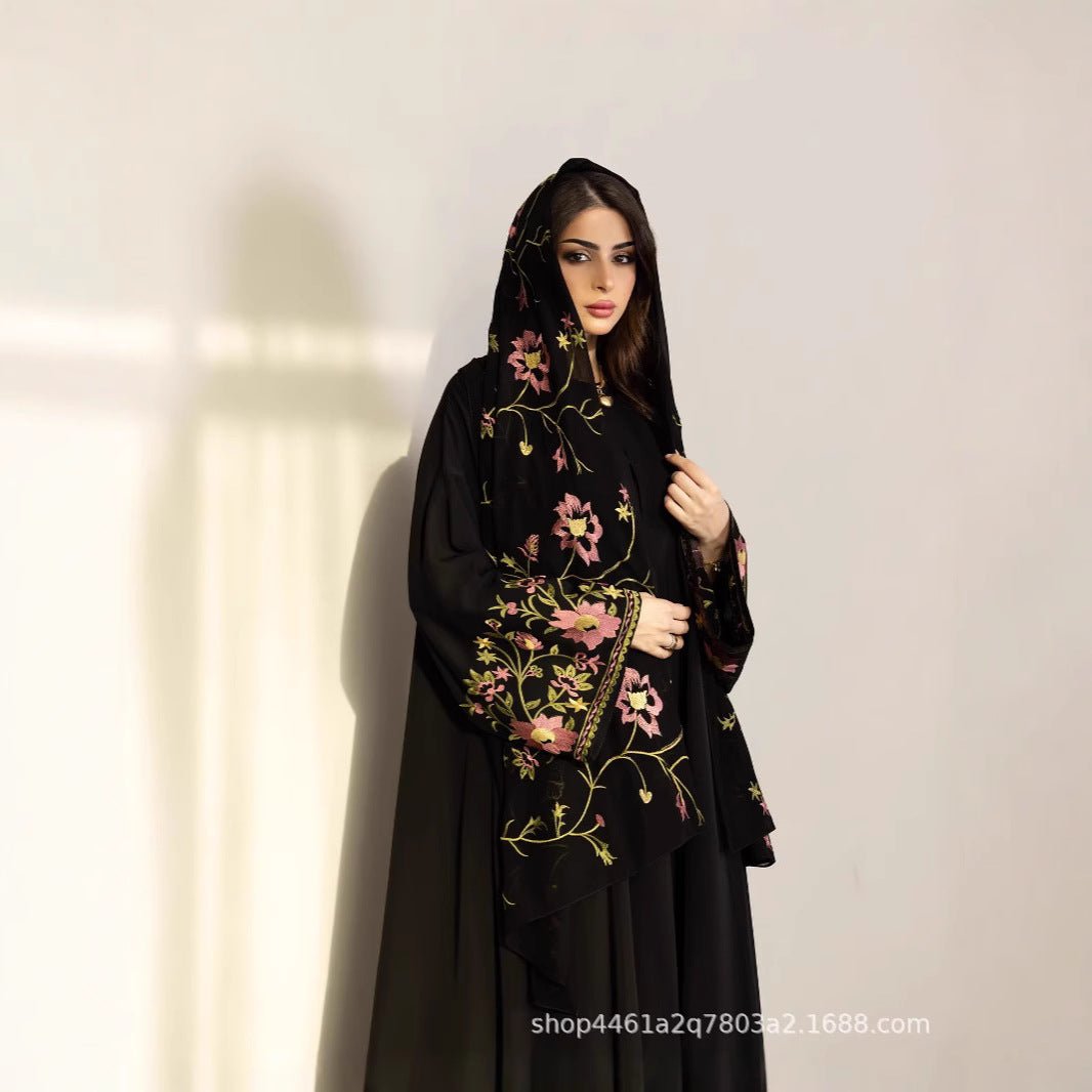 Floral Embroidered Mesh Abaya | Modest Muslim Luxury Black Sheer Robe with Pink/Green Floral Lace. (MOA179) - Mariam's Collection