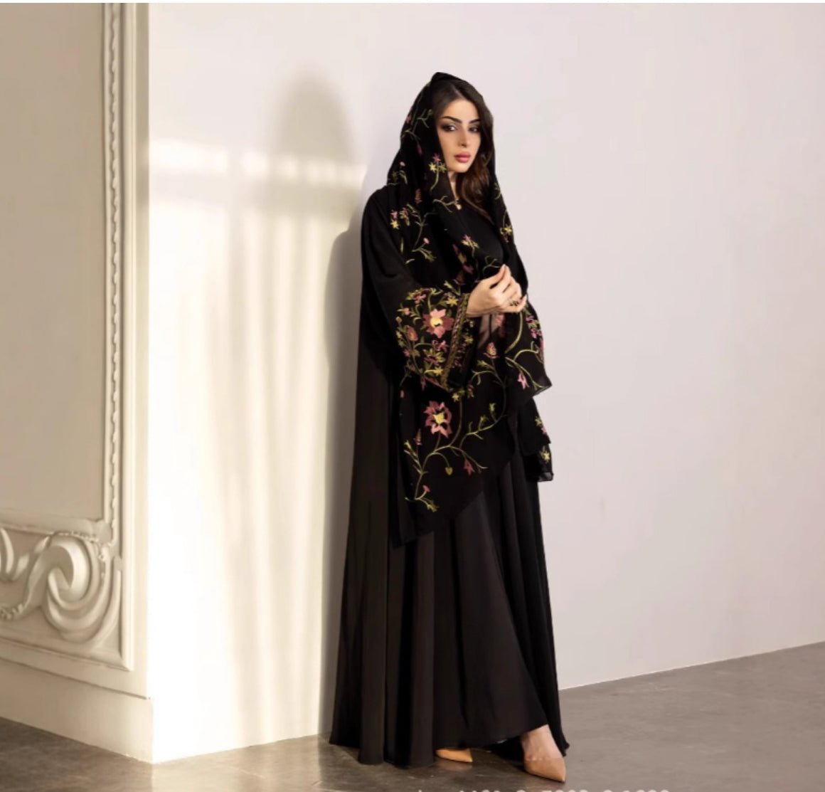 Floral Embroidered Mesh Abaya | Modest Muslim Luxury Black Sheer Robe with Pink/Green Floral Lace. (MOA179) - Mariam's Collection