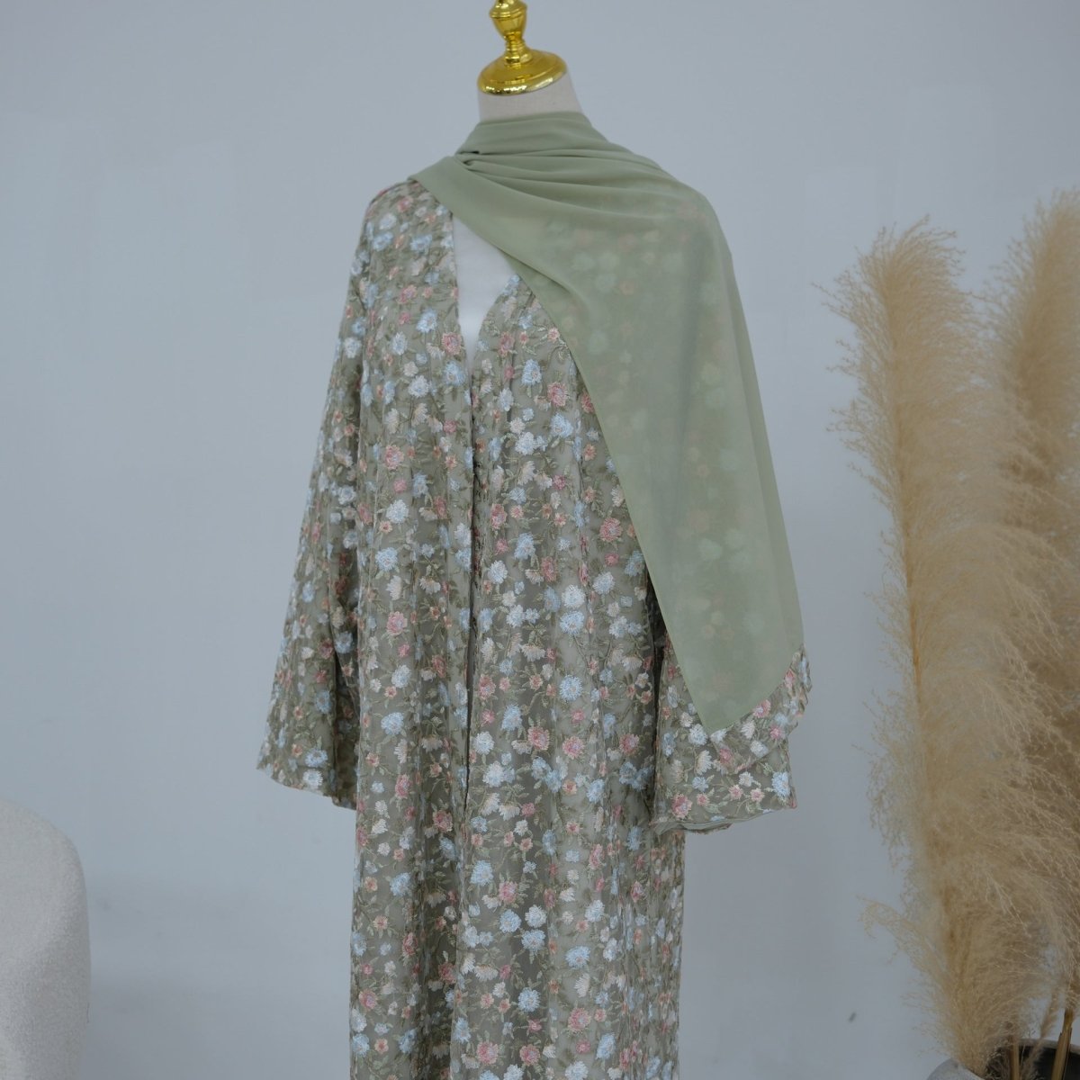 Floral Embroidered Mesh Open Abaya & Hijab Set(MOA321) - Mariam's Collection