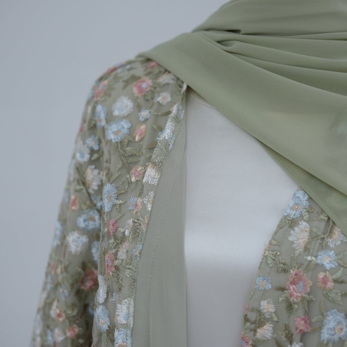 Floral Embroidered Mesh Open Abaya & Hijab Set(MOA321) - Mariam's Collection