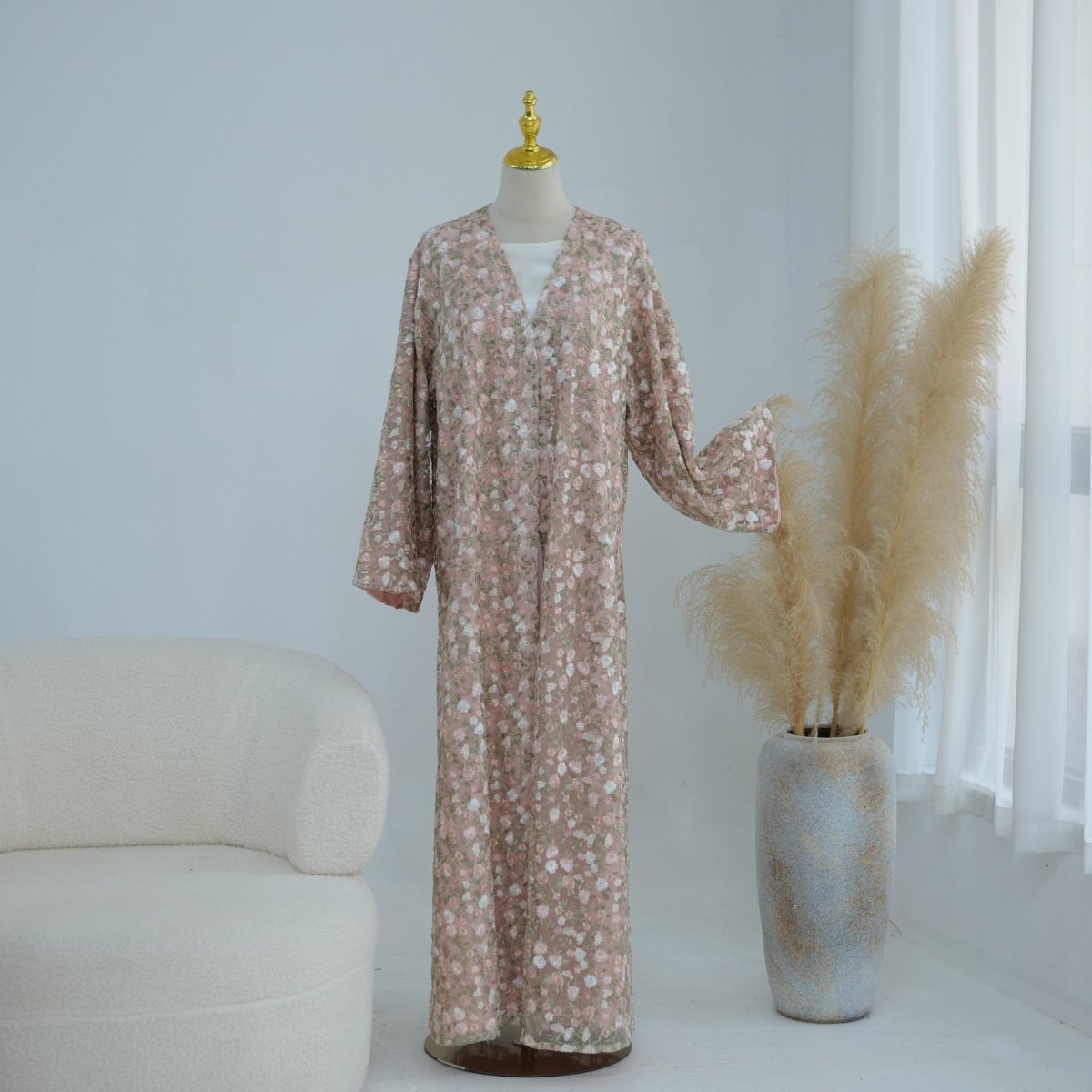 Floral Embroidered Mesh Open Abaya & Hijab Set(MOA321) - Mariam's Collection