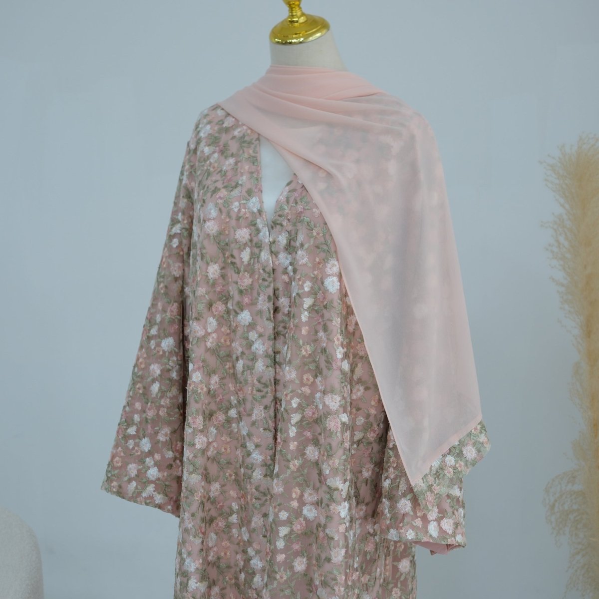 Floral Embroidered Mesh Open Abaya & Hijab Set(MOA321) - Mariam's Collection