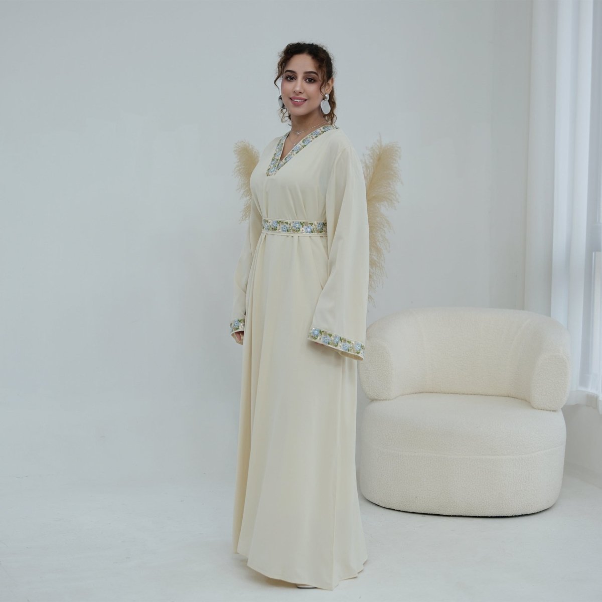Floral Embroidered V-Neck Nida Maxi Dress(MA448) - Mariam's Collection