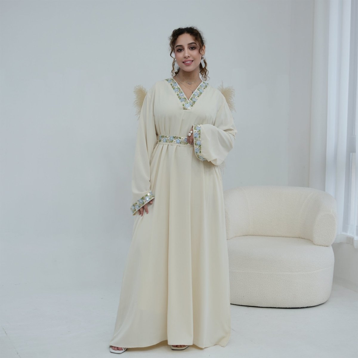 Floral Embroidered V-Neck Nida Maxi Dress(MA448) - Mariam's Collection