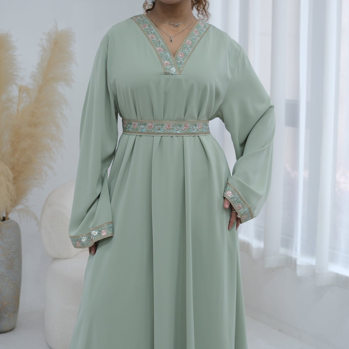 Floral Embroidered V-Neck Nida Maxi Dress(MA448) - Mariam's Collection