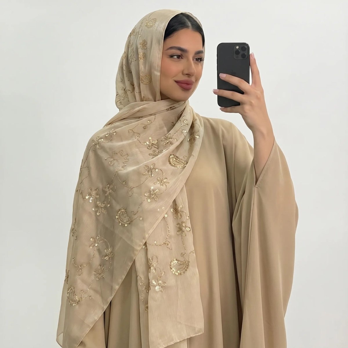 Floral Embroidery Sequin Hijab Scarf (MH244) - Mariam's Collection