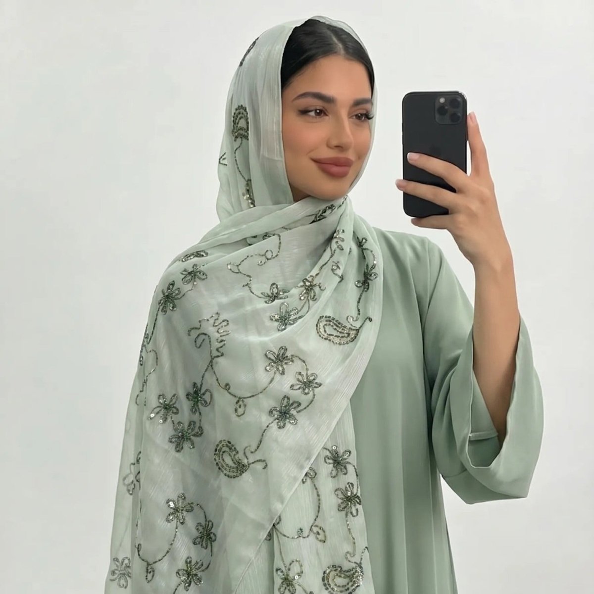 Floral Embroidery Sequin Hijab Scarf (MH244) - Mariam's Collection