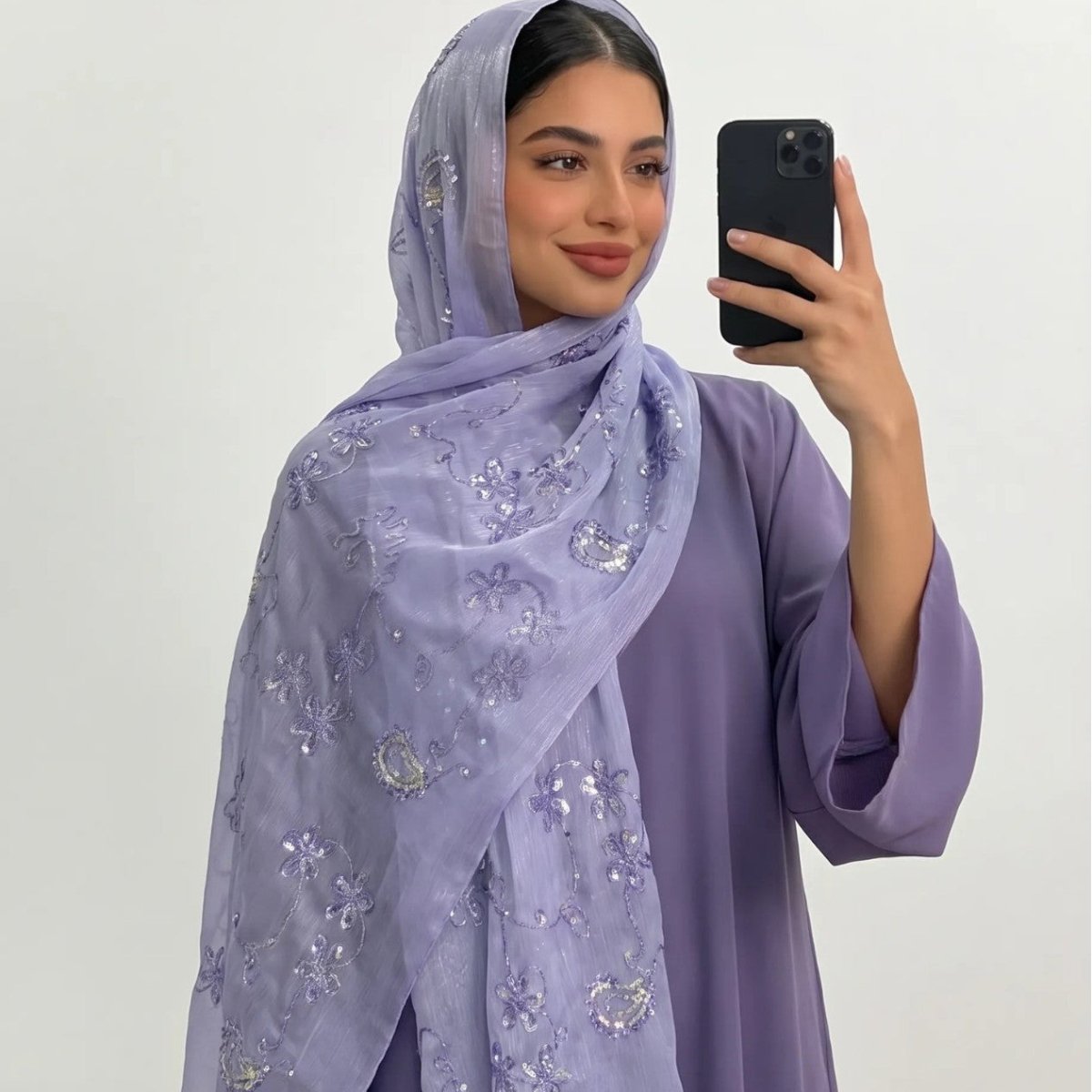 Floral Embroidery Sequin Hijab Scarf (MH244) - Mariam's Collection