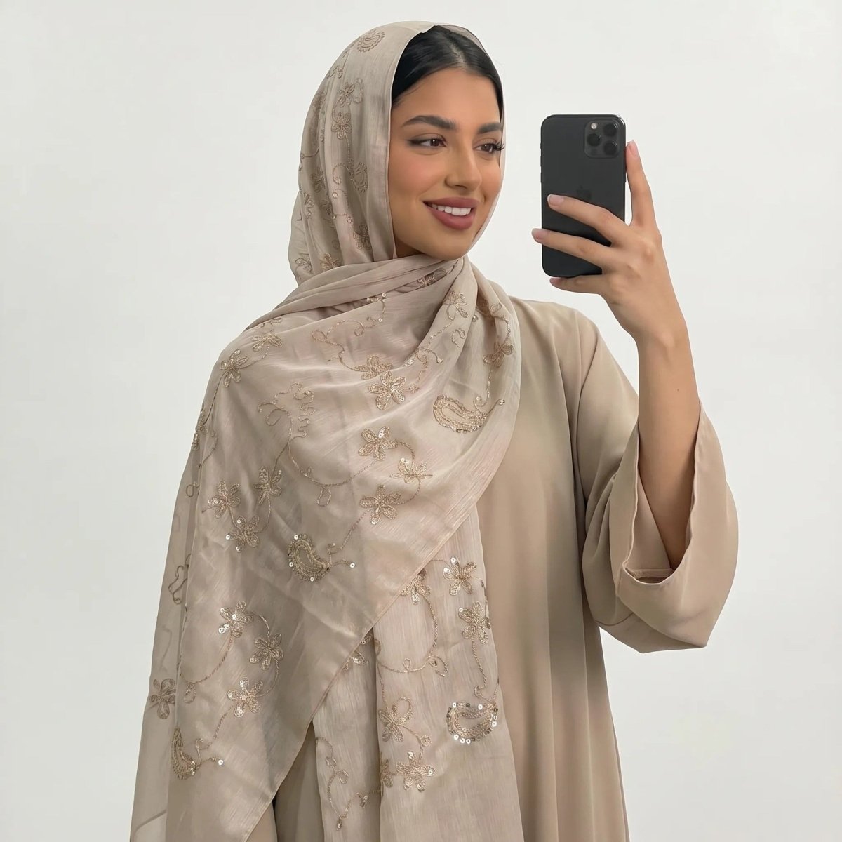 Floral Embroidery Sequin Hijab Scarf (MH244) - Mariam's Collection