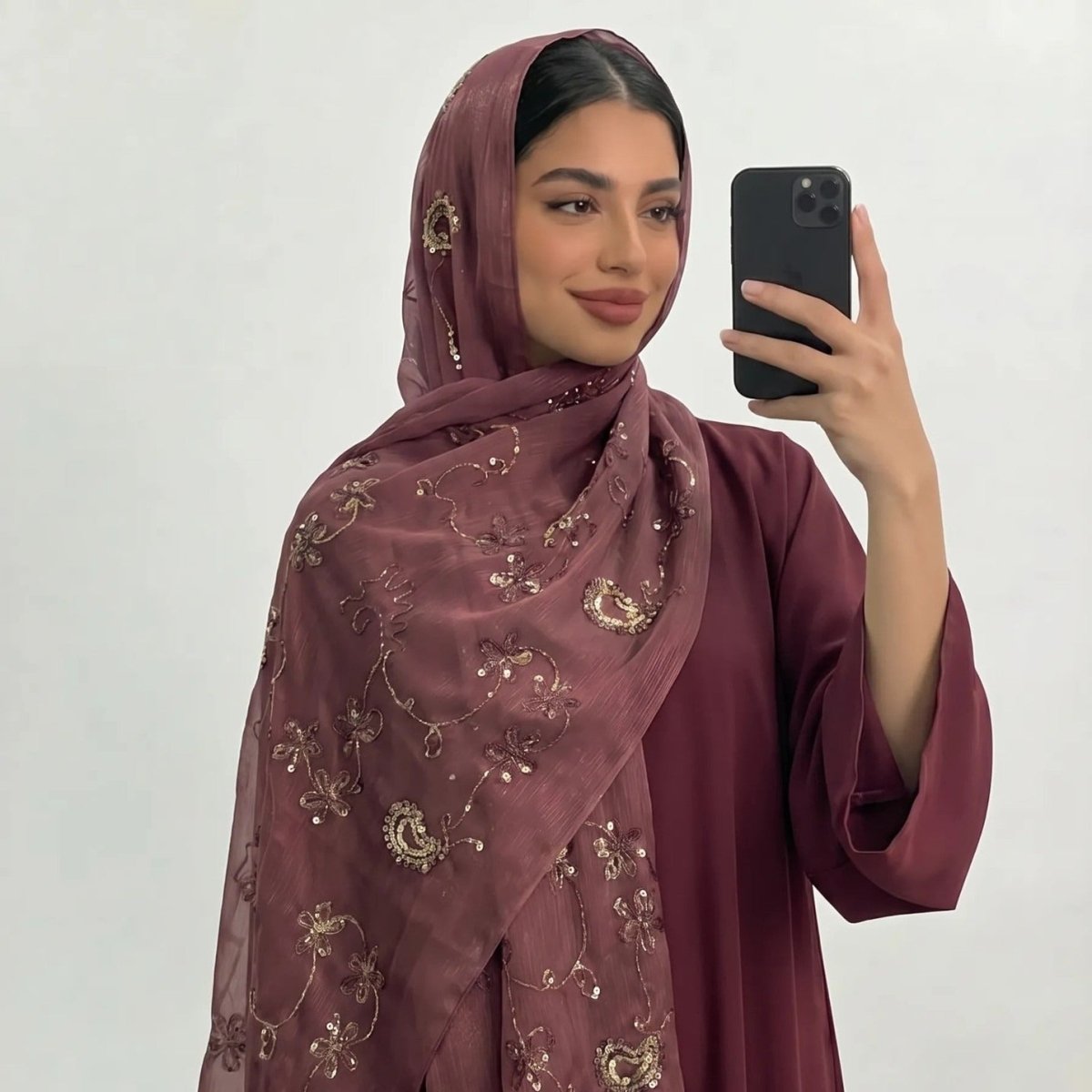 Floral Embroidery Sequin Hijab Scarf (MH244) - Mariam's Collection