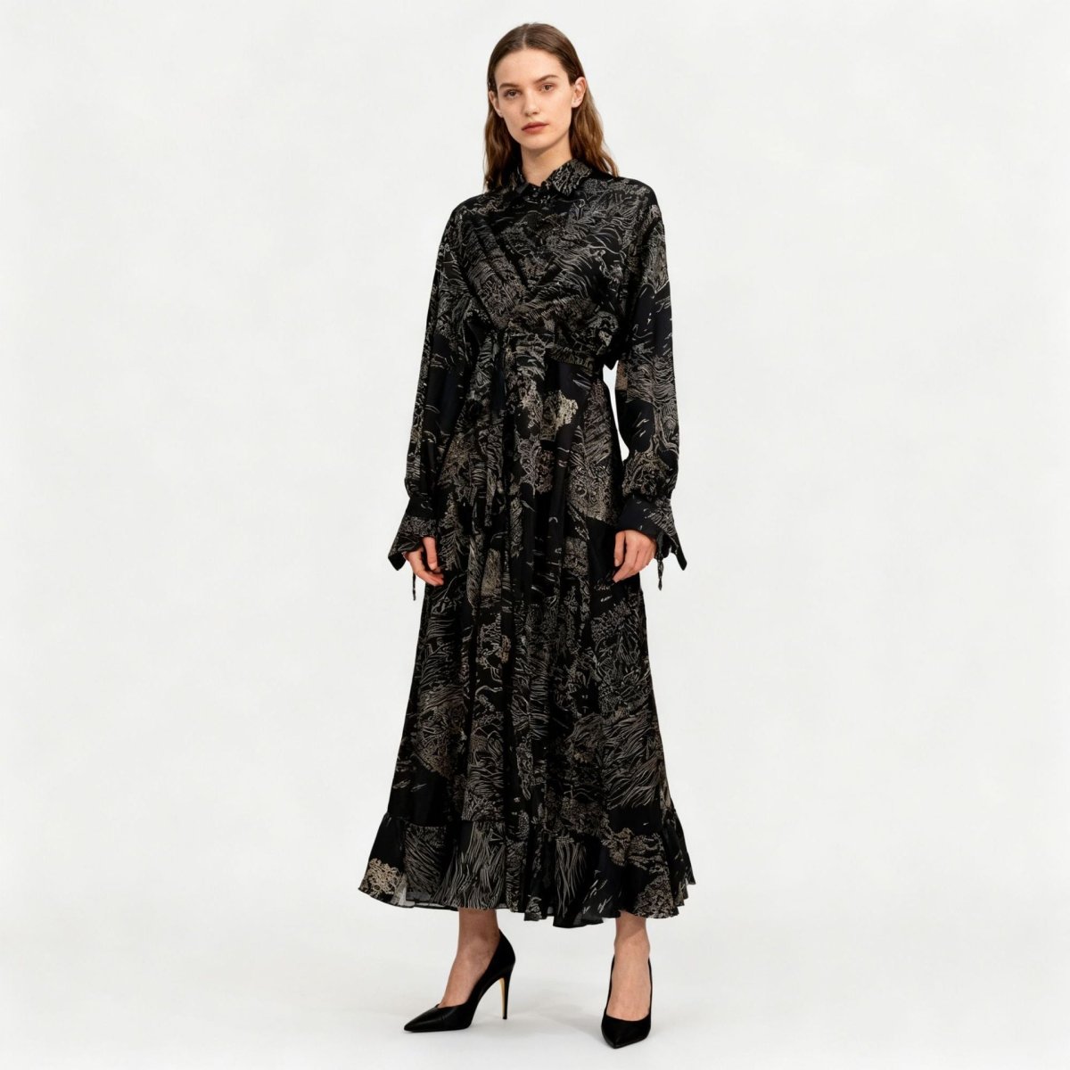 Floral Jacquard Wrap Dress | Collared Tie - Sleeve Maxi Dress(MS257) - Mariam's Collection
