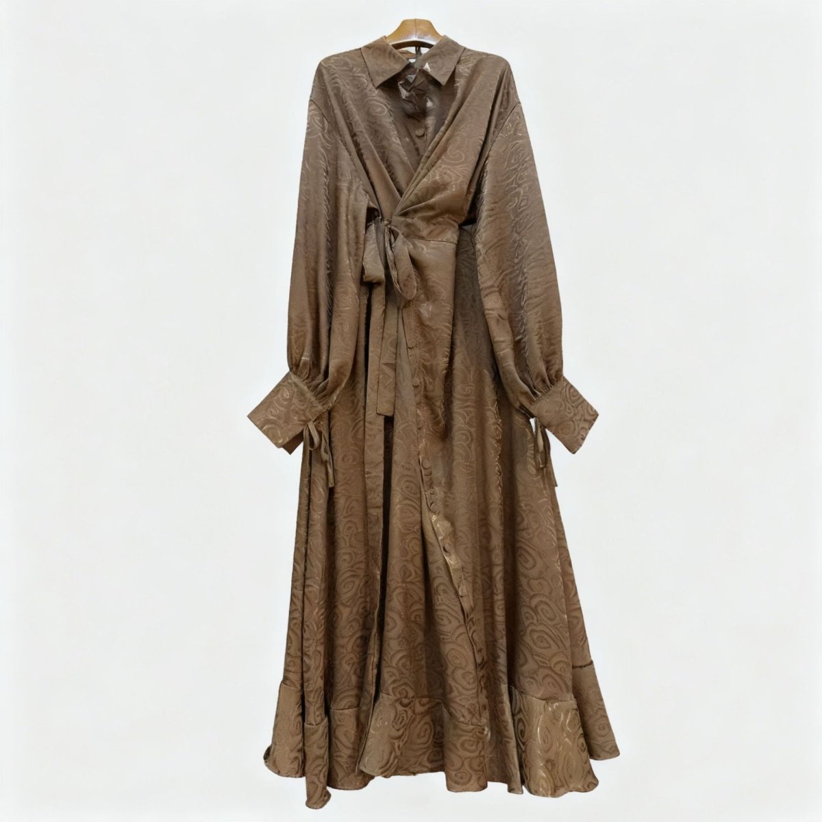 【新品・タグ付】MYLAN　Crinkle Wrap Dress　保存袋付　S Floral Jacquard Wrap Dress | Collared Tie-Sleeve Maxi Dress(MS257)