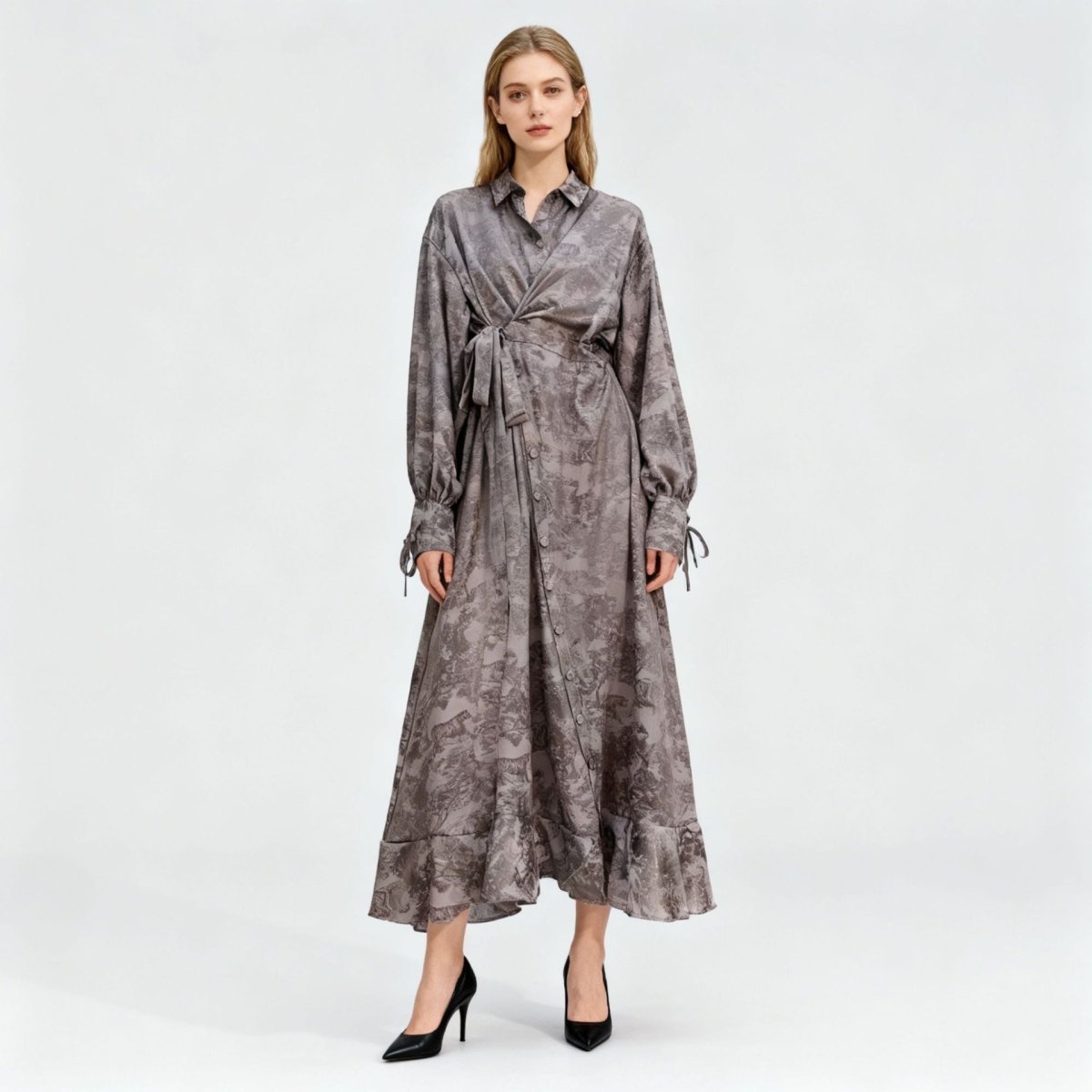 【新品・タグ付】MYLAN　Crinkle Wrap Dress　保存袋付　S Floral Jacquard Wrap Dress | Collared Tie-Sleeve Maxi Dress(MS257)