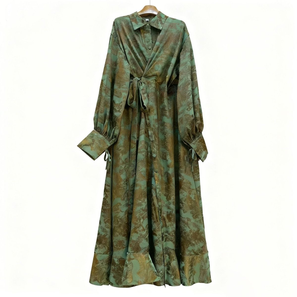 Floral Jacquard Wrap Dress | Collared Tie-Sleeve Maxi Dress(MS257) green / Free Size
