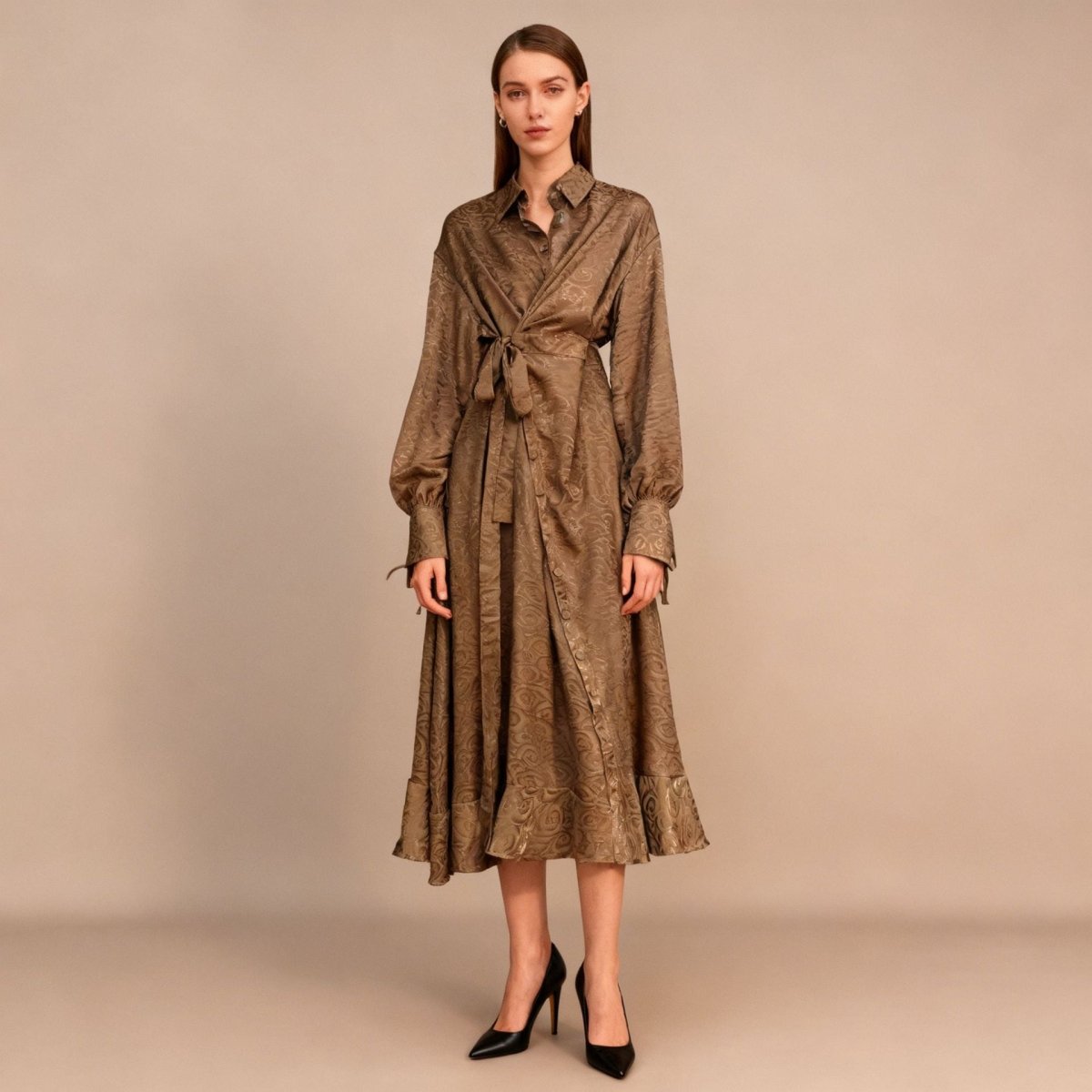 Floral Jacquard Wrap Dress | Collared Tie - Sleeve Maxi Dress(MS257) - Mariam's Collection