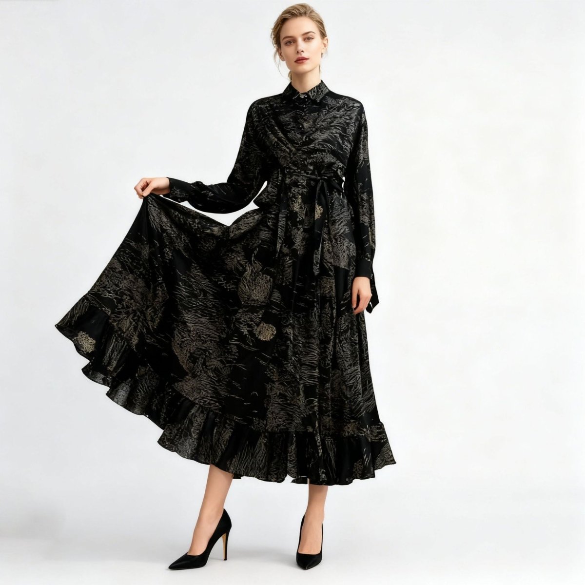 Floral Jacquard Wrap Dress | Collared Tie - Sleeve Maxi Dress(MS257) - Mariam's Collection