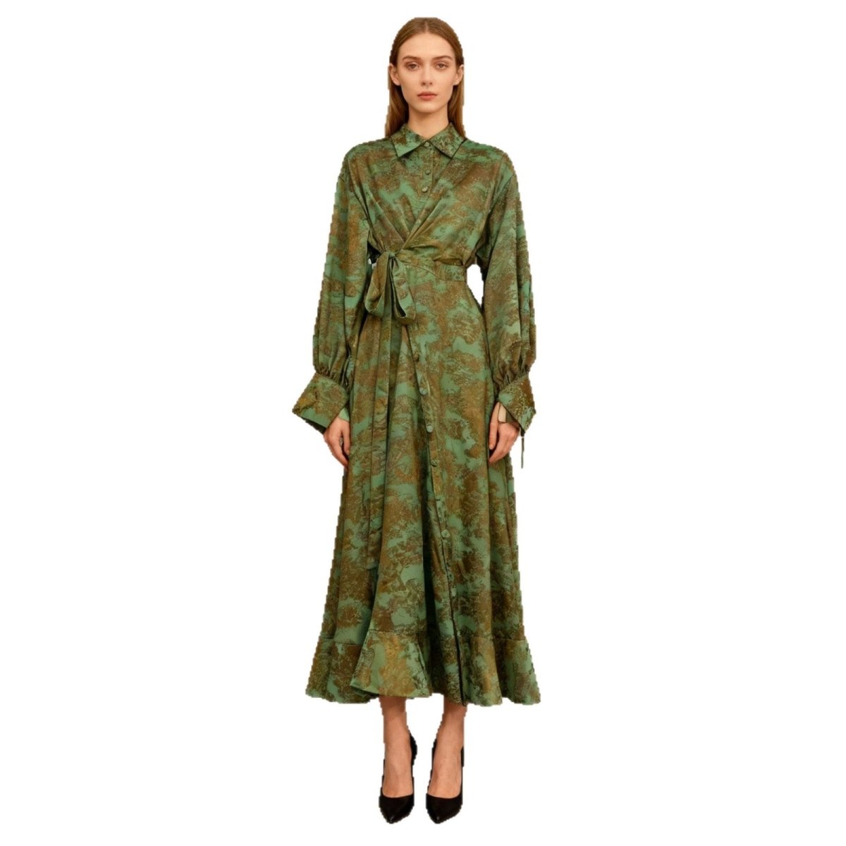 Floral Jacquard Wrap Dress | Collared Tie - Sleeve Maxi Dress(MS257) - Mariam's Collection