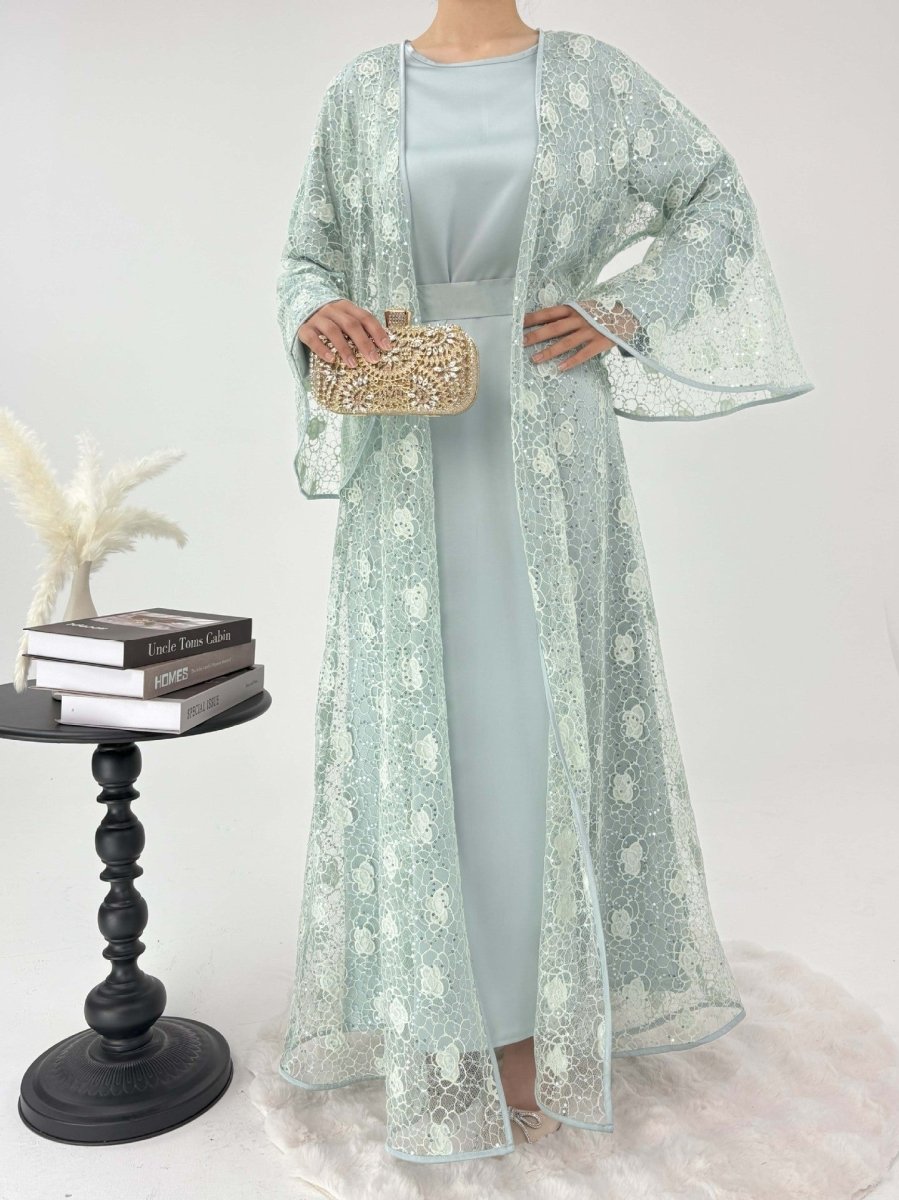 Floral Lace Abaya, Elegant Bell Sleeve Open Abaya 2 - Piece Set (MOA142) - Mariam's Collection