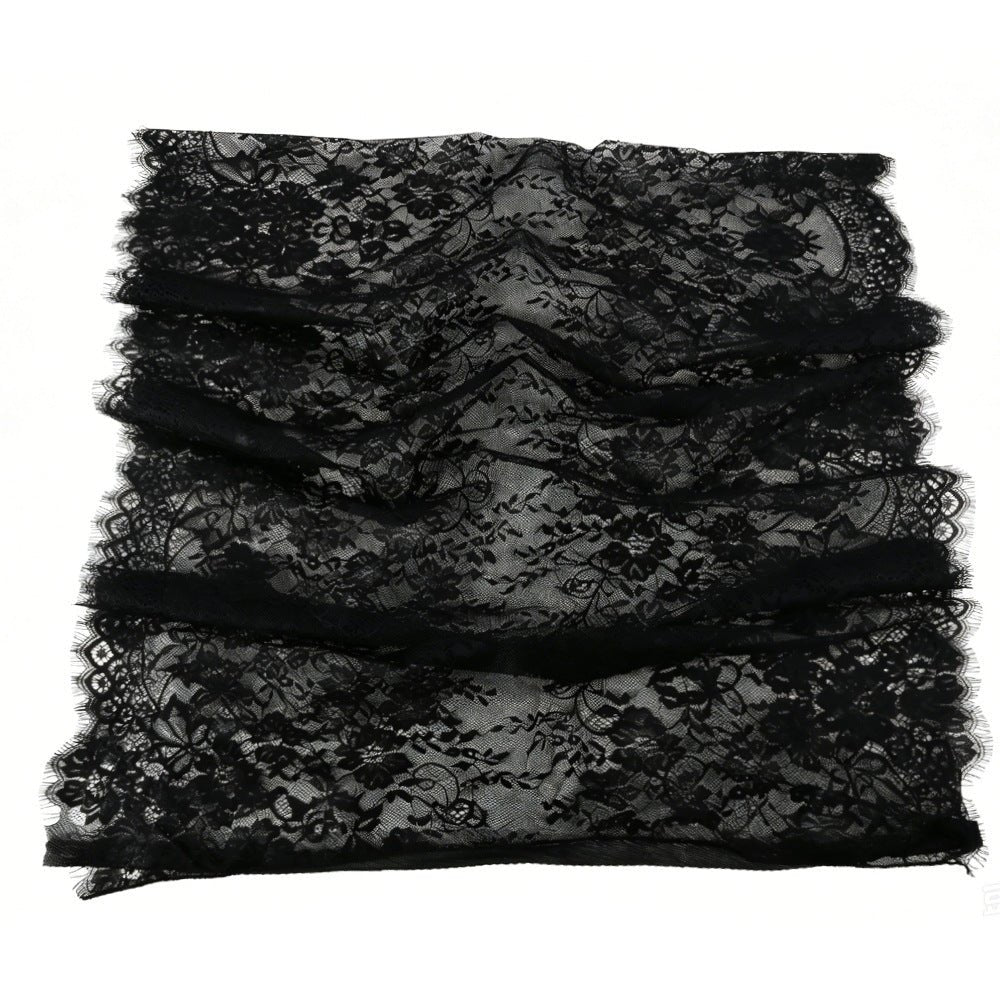 Black floral lace hijab draped as a veil with feathery fringe border