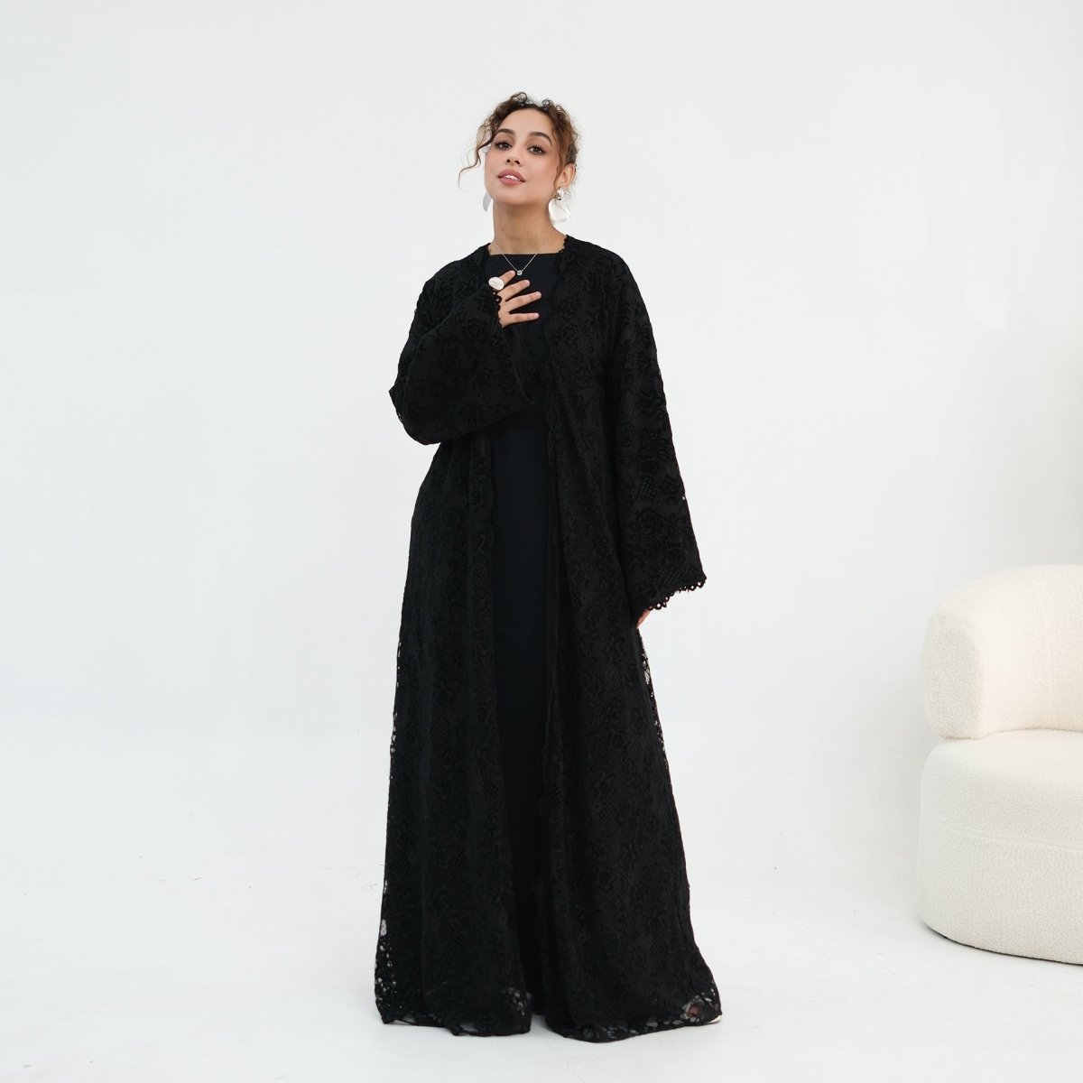 Floral Lace Open Abaya with Lining(MOA329) - Mariam's Collection